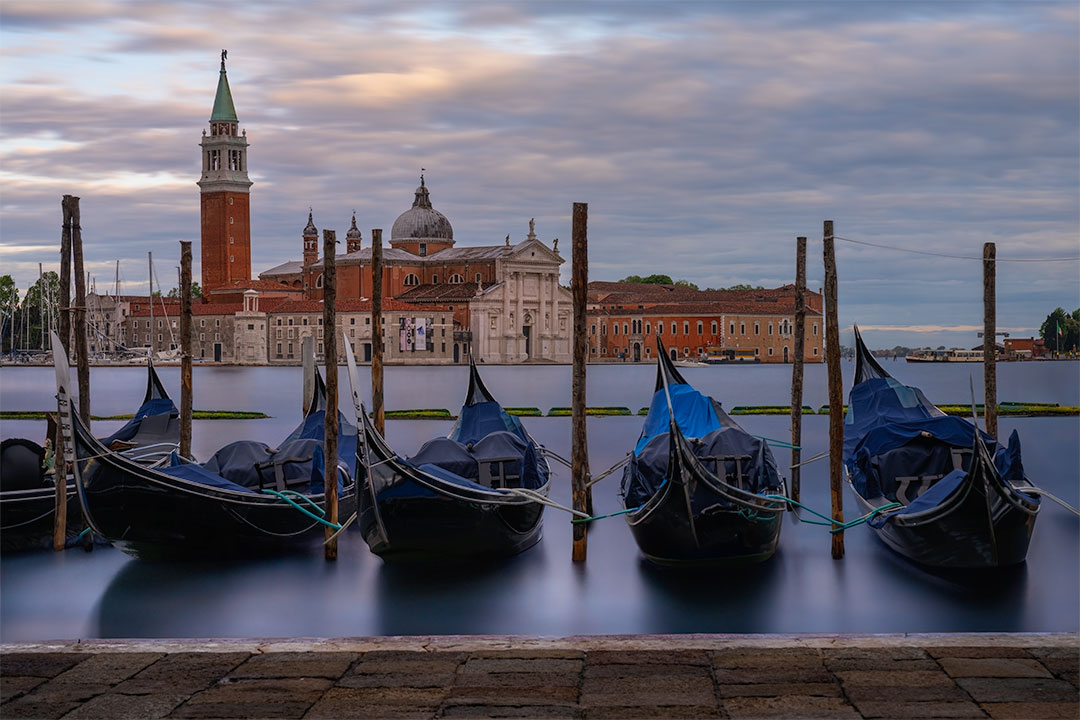 Blue hour gondolas in Venice with San Giorgio Maggiore in the background